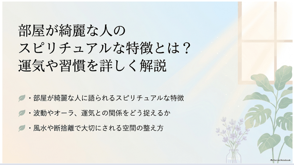 部屋が綺麗な人のスピリチュアルな特徴や運気、習慣との関係を表した整った部屋と植物のデザイン