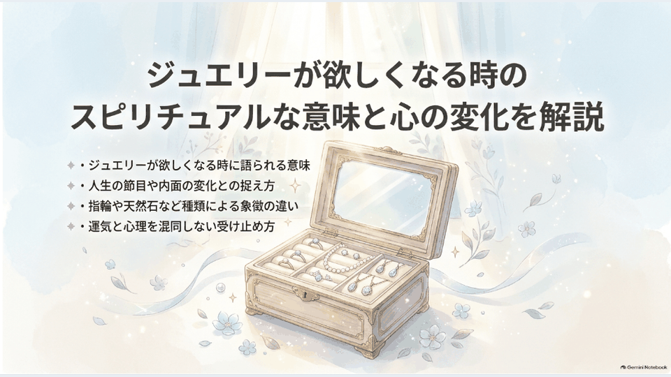 ジュエリーボックスに指輪やネックレスが並ぶ、ジュエリーが欲しくなる時のスピリチュアルな意味を表した場面