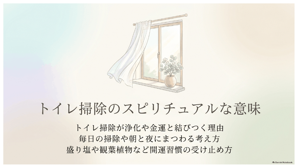 窓辺の植物と柔らかな光を背景に、トイレ掃除のスピリチュアルな意味と主なテーマを示したデザイン