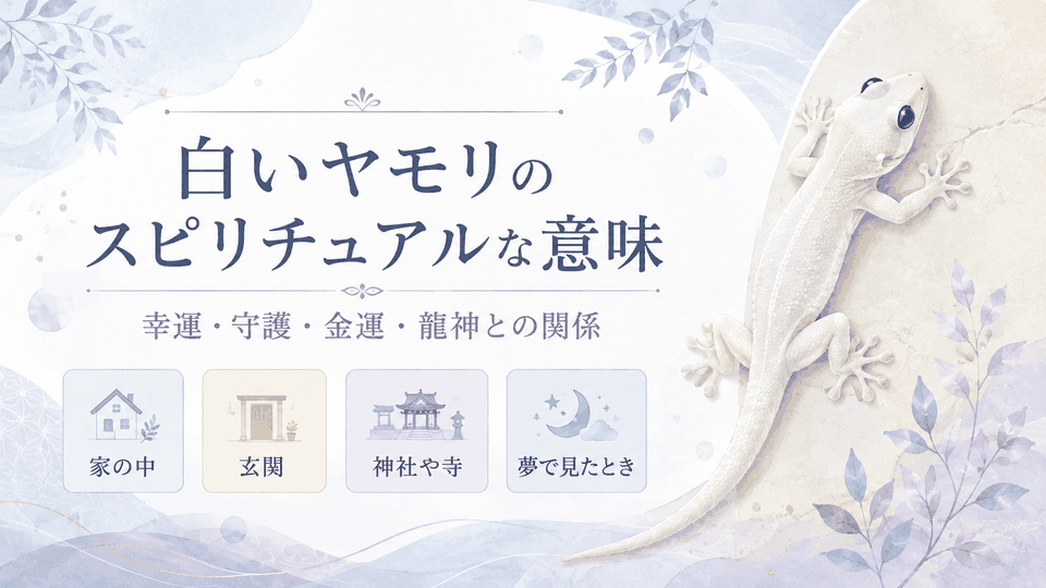 白いヤモリのスピリチュアルな意味と、幸運・守護・金運・龍神との関係、家の中や玄関、神社や寺、夢で見たときのテーマをまとめた表紙