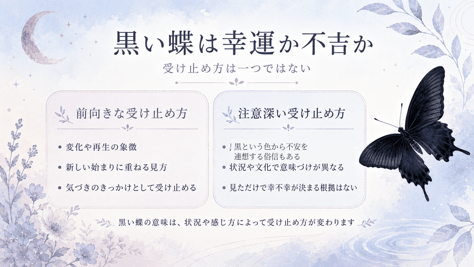 黒い蝶を幸運と不吉の両面から捉え、変化や再生、俗信、状況による受け止め方を整理した内容