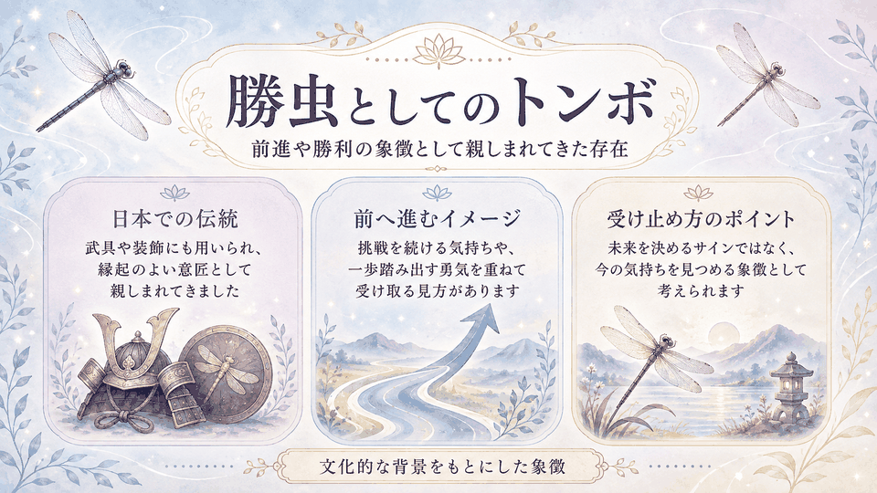 勝虫として親しまれてきたトンボの文化的背景と、前進や勝利の象徴としての受け止め方をまとめた図解