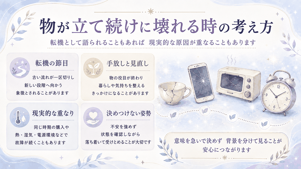 物が立て続けに壊れる時を転機の節目や手放しと捉える考え方と、熱・湿気・電源環境などの重なりを整理した図解