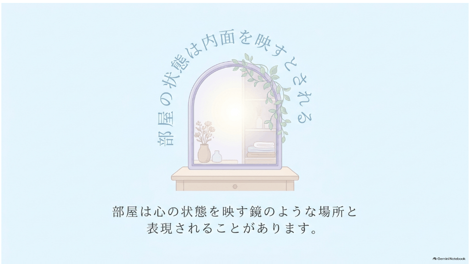 鏡と植物のある整った空間で、部屋の状態を内面の鏡として捉える考え方を表したデザイン