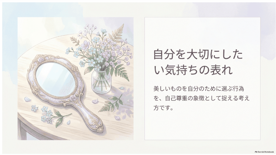 花と手鏡が置かれた、自分を大切にしたい気持ちを表す穏やかな場面