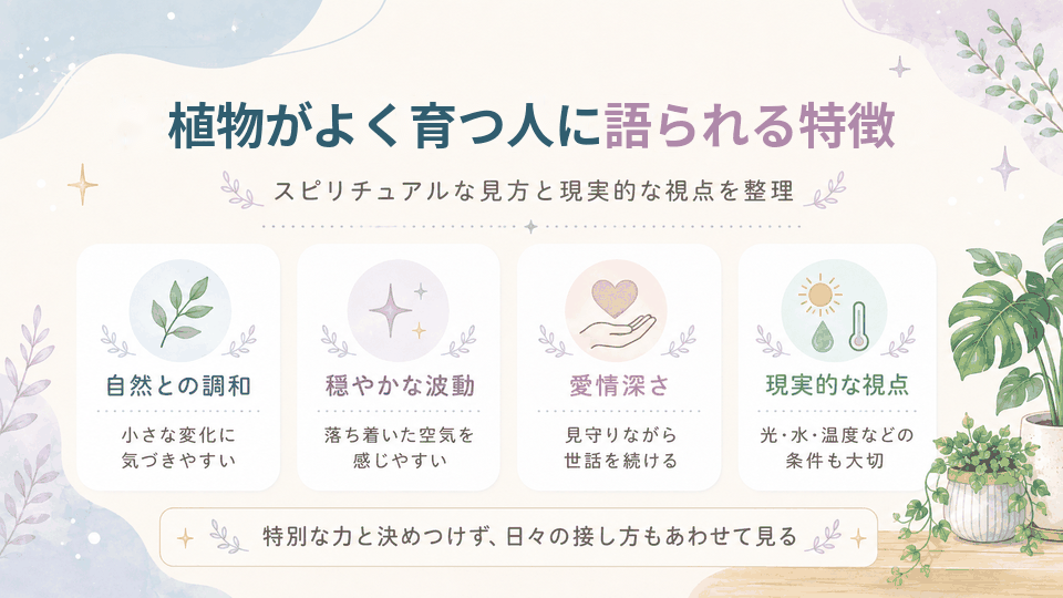 植物がよく育つ人について、自然との調和、穏やかな波動、愛情深さ、現実的な生育条件の4つの視点を整理