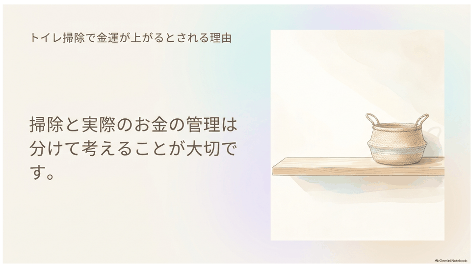かごを添えた淡い背景に、トイレ掃除と金運は実際のお金の管理と分けて考えることを示すデザイン