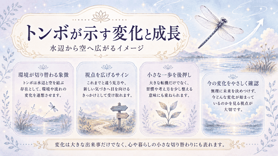 水辺から空へ活動の場が変わるトンボの姿に、変化や成長、視点の切り替えを重ねる現代的な見方