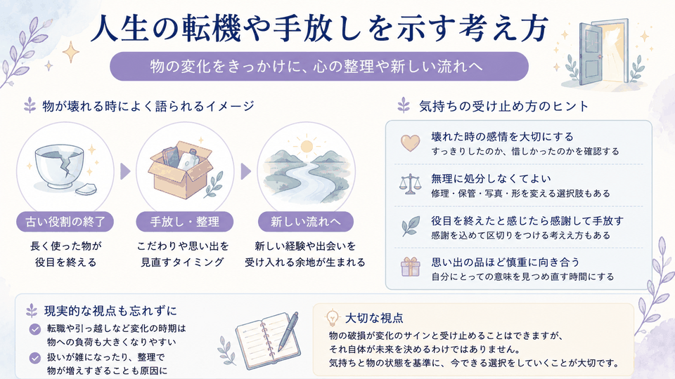 長く使った物が役目を終える出来事を、人生の転機や手放しに重ねる考え方と修理・保管などの選択肢を示す図解