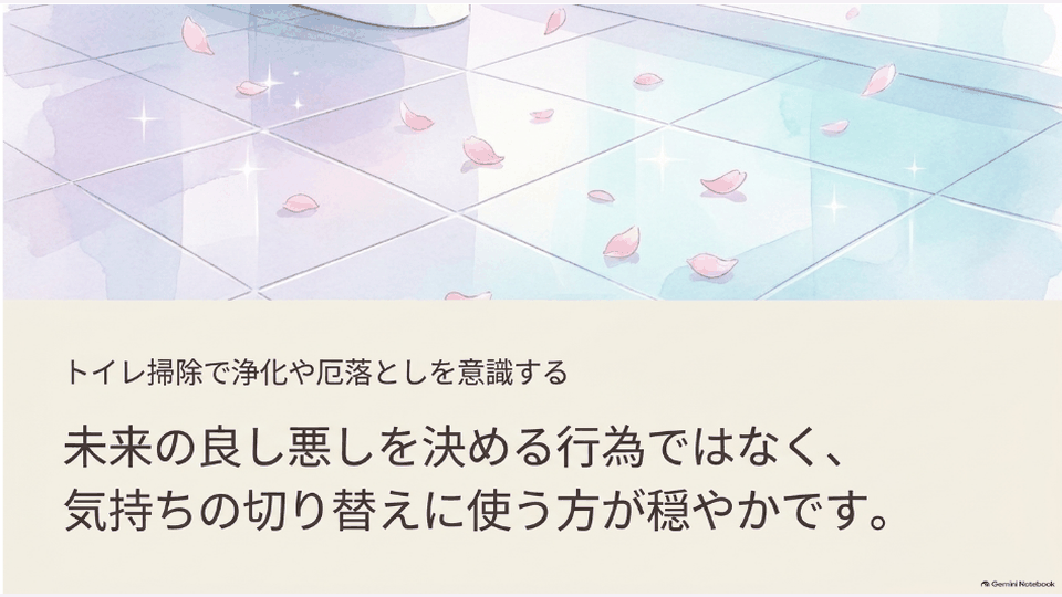 きれいな床と花びらを背景に、トイレ掃除を浄化や気持ちの切り替えとして捉える考え方を示すデザイン
