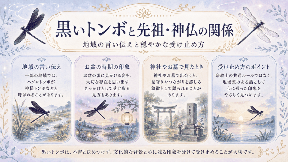 黒いハグロトンボについて、地域の言い伝えやお盆、先祖・神仏との結びつきを穏やかに整理した図解