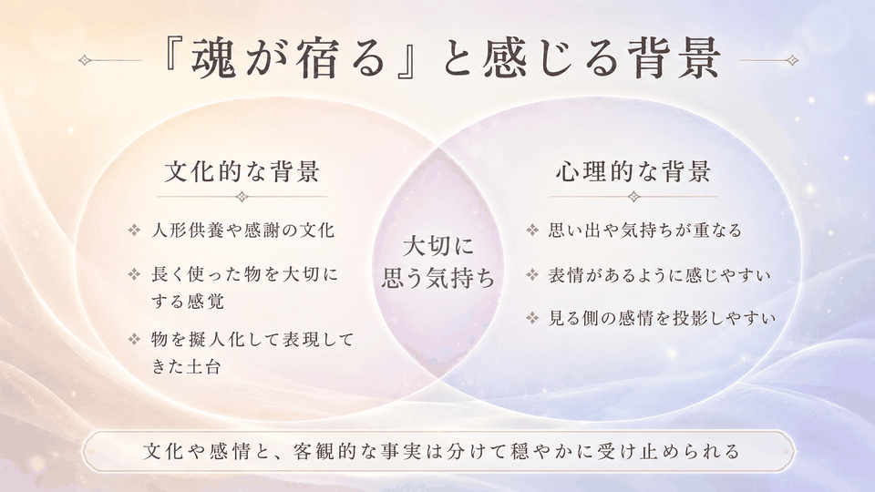 ぬいぐるみに魂が宿ると感じる背景を、人形供養などの文化面と擬人化などの心理面から整理