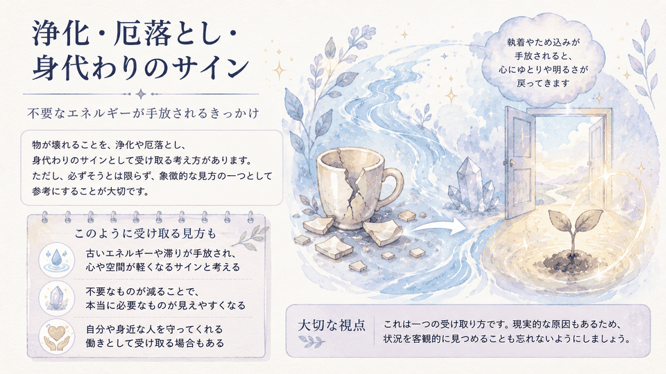 物の破損を浄化・厄落とし・身代わりとして受け止める説を、象徴的な見方として整理した図解