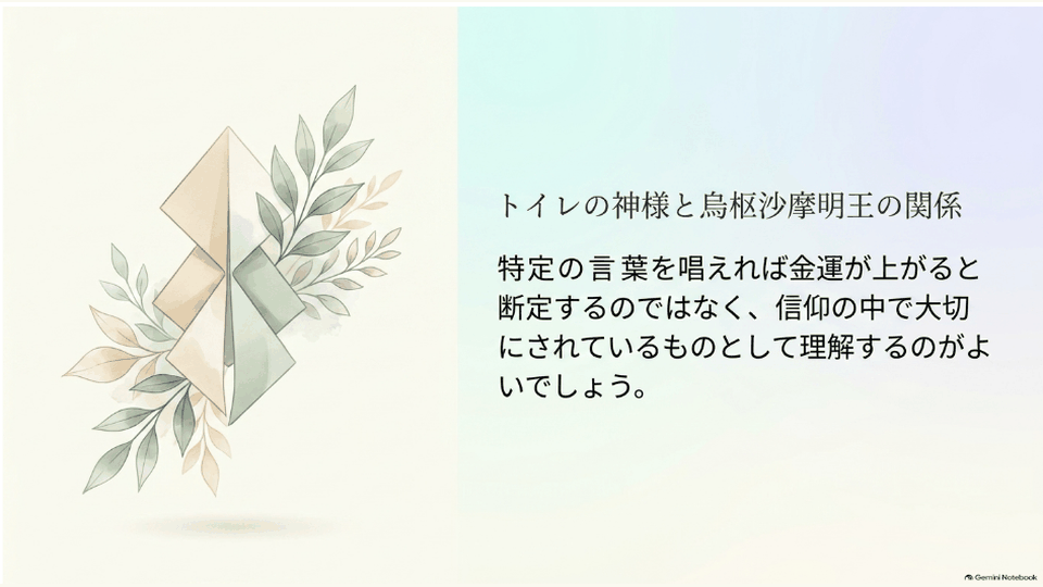 葉と幾何学模様を添え、トイレの神様と烏枢沙摩明王の関係を信仰として説明するデザイン