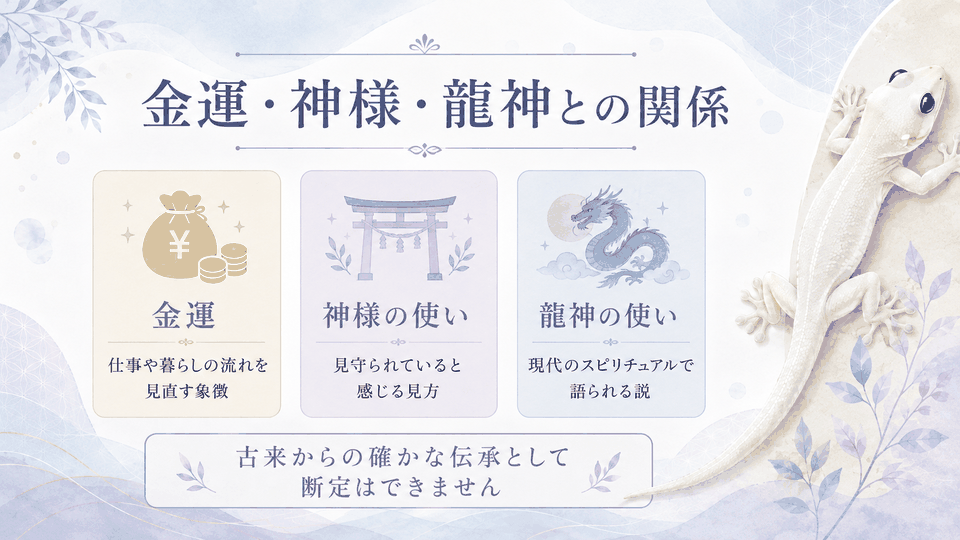 白いヤモリと金運、神様の使い、龍神の使いとされるスピリチュアルな見方を比較し、古来からの確かな伝承とは断定できないことを整理