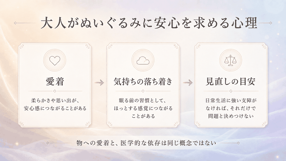 大人がぬいぐるみに愛着や安心感を持つ心理と、日常生活への支障を見直す目安