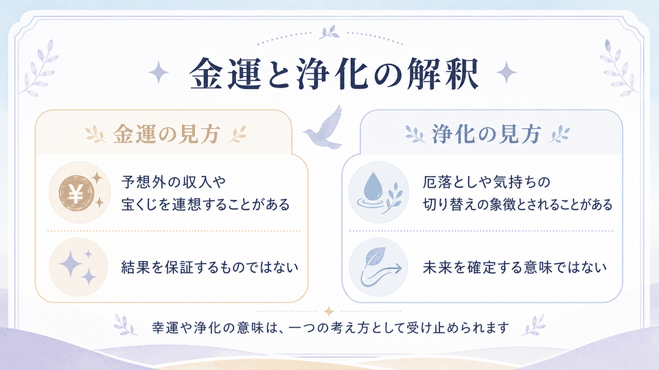 鳥のフンを金運や宝くじと結び付ける見方と、厄落としや気持ちの切り替えという浄化の見方を整理した内容