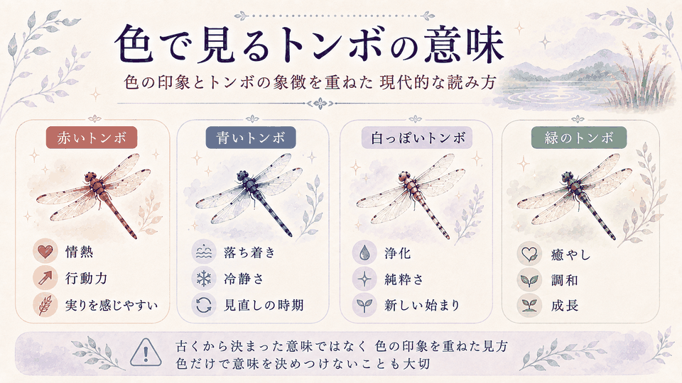 赤・青・白っぽい・緑のトンボについて、色の印象と現代的なスピリチュアルの読み方を比較した図解