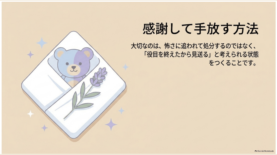 包まれたぬいぐるみを描き、感謝しながら手放す考え方を穏やかに表したデザイン