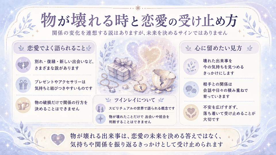 物が壊れることと恋愛やツインレイの関係について、未来を決めるサインではないと整理した図解