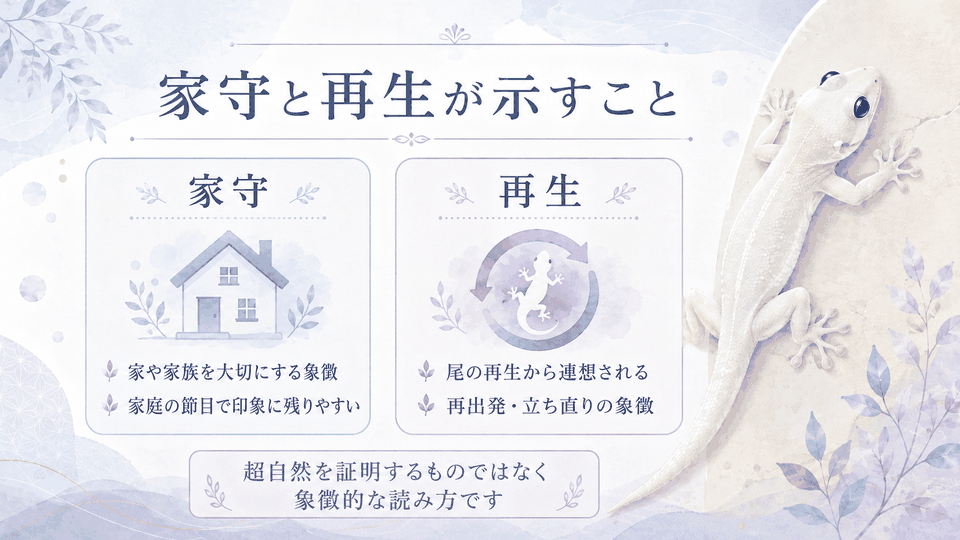 ヤモリの家守としての象徴と、尾の再生から連想される再出発・立ち直りのスピリチュアルな意味を整理