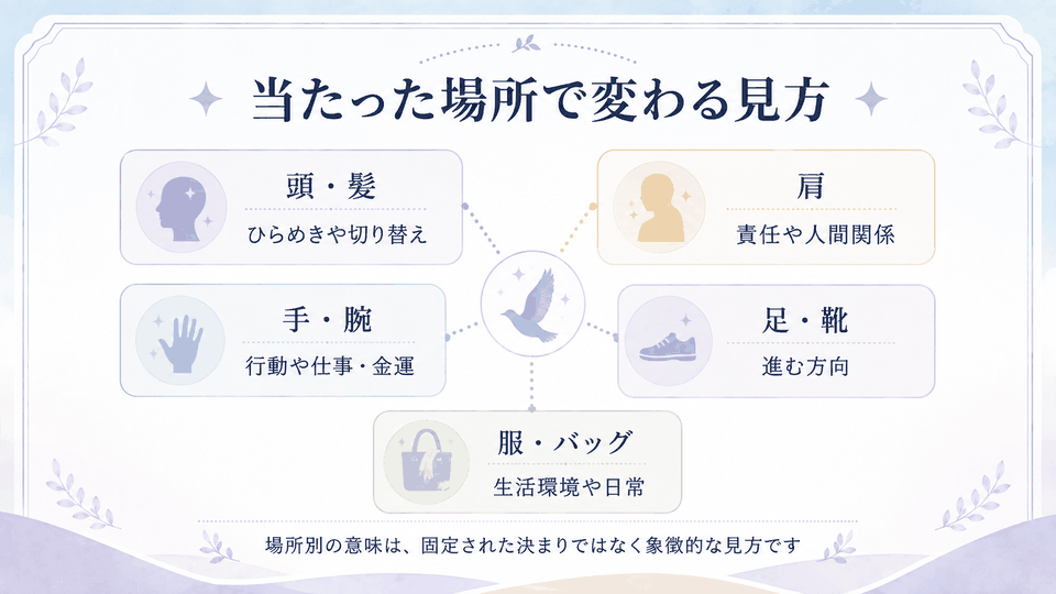 頭・髪、肩、手・腕、足・靴、服・バッグに鳥のフンが当たった場合の象徴的な意味を整理した内容