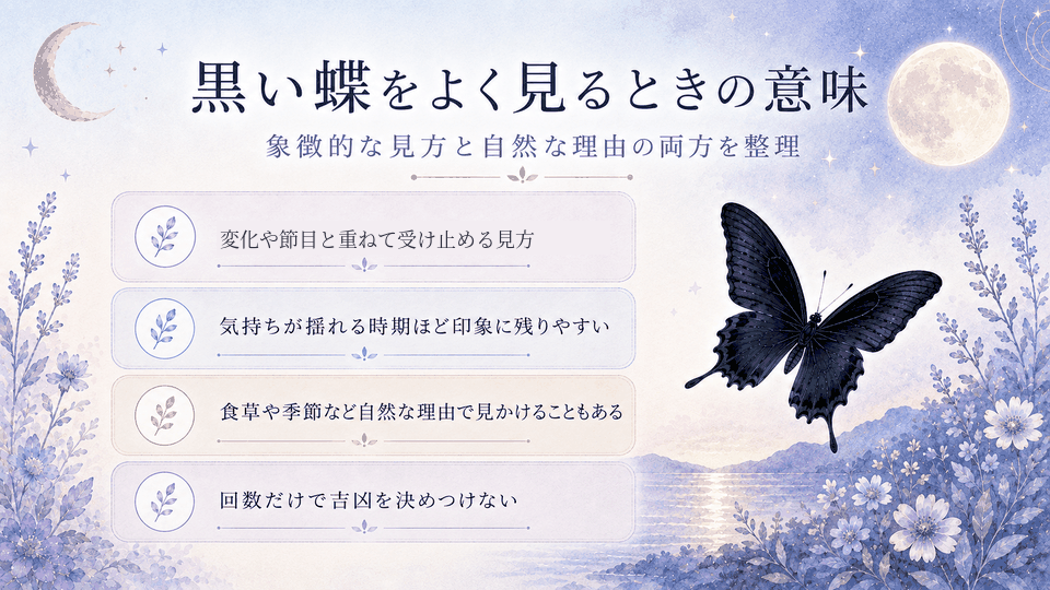 月夜の黒い蝶とともに、繰り返し見るときの象徴的な見方と季節や食草など自然な理由を整理した内容