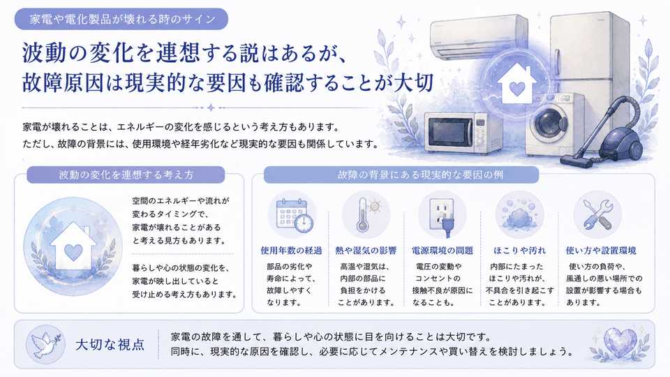 家電や電化製品の故障を波動の変化に重ねる説と、使用年数・熱・湿気・電源などの現実的な原因を比較した図解