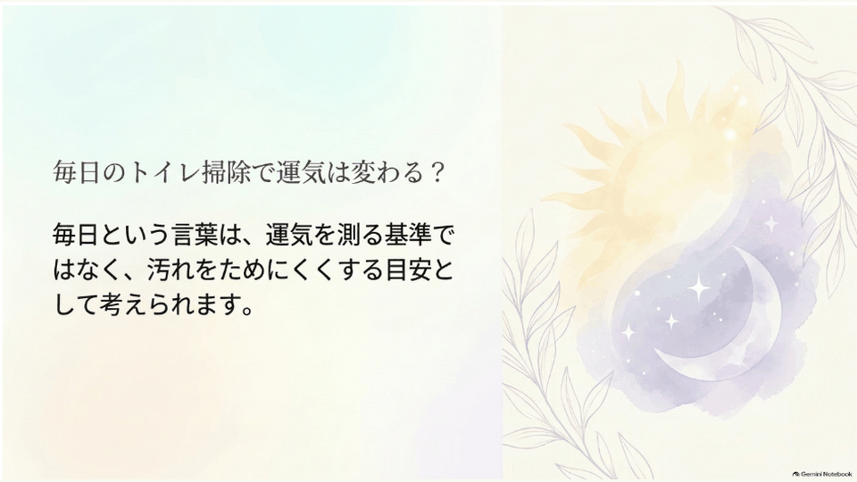 太陽と月のモチーフを添え、毎日のトイレ掃除は汚れをためにくくする目安と伝えるデザイン