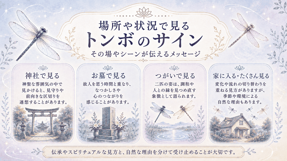 神社、お墓、つがい、家に入る場合や多く見かける場合など、場所と状況別のトンボの受け止め方