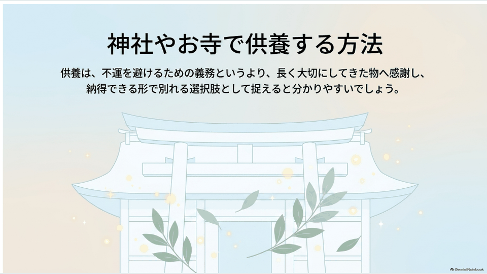 鳥居の背景と植物を添え、神社やお寺で供養する方法を紹介している