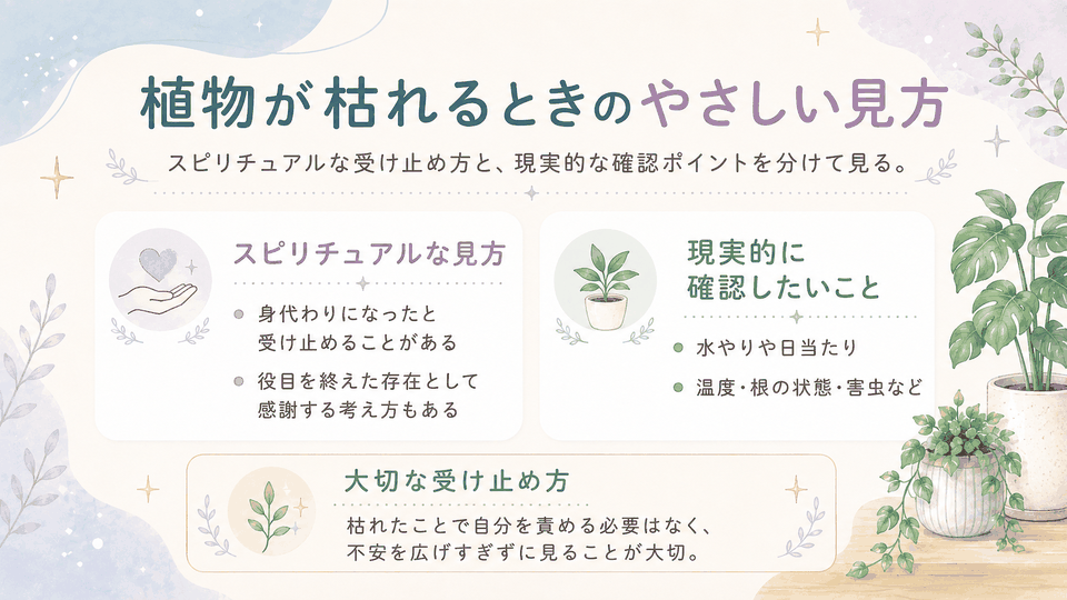 植物が枯れることのスピリチュアルな受け止め方と、水や日当たり、温度、根や害虫など現実的な確認点