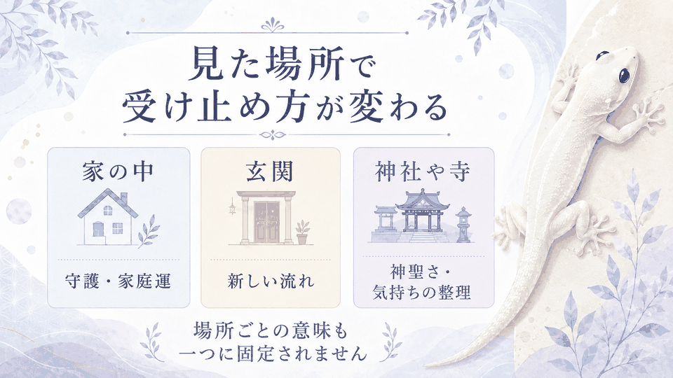 白いヤモリを家の中、玄関、神社や寺で見た場合に語られる守護・新しい流れ・神聖さなどの受け止め方を比較