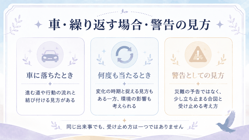 車に鳥のフンが落ちた場合、何度も当たる場合、警告として受け止める場合の見方を整理した内容