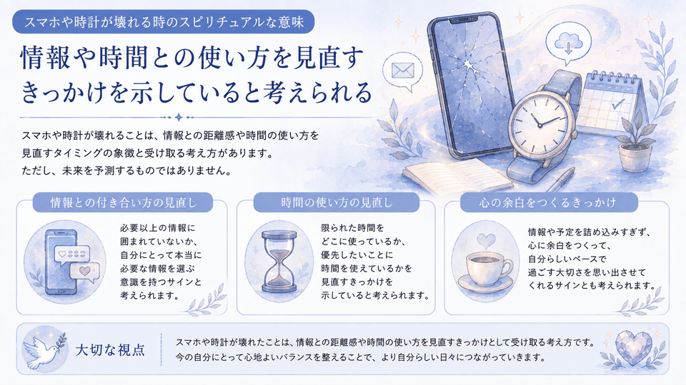スマホや時計の故障を、情報との距離や時間の使い方を見直す象徴として紹介した図解