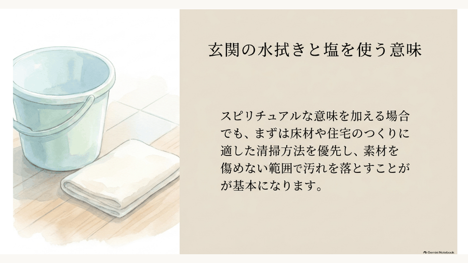 玄関の水拭きと塩を使う際の考え方を示す掃除道具