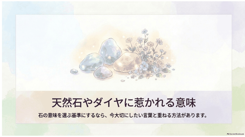 淡い色の天然石と花が並び、天然石やダイヤに惹かれる意味を表した場面