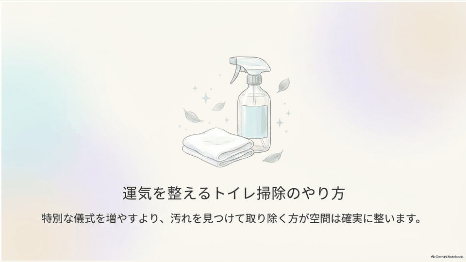 掃除用スプレーと布を描き、特別な儀式より汚れを取り除くことを重視したトイレ掃除の方法を示すデザイン