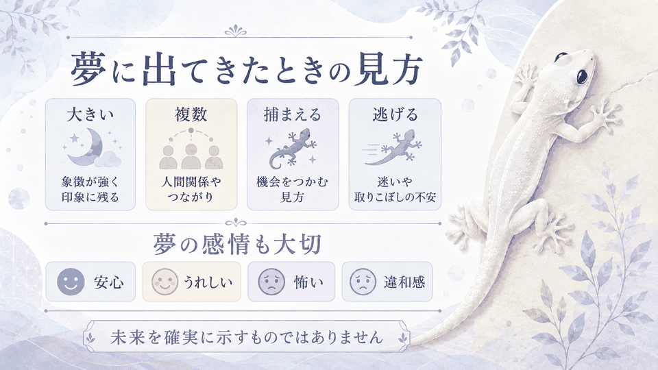 白いヤモリの夢について、大きい・複数・捕まえる・逃げる場合の見方と、安心・うれしい・怖い・違和感など夢の感情を整理