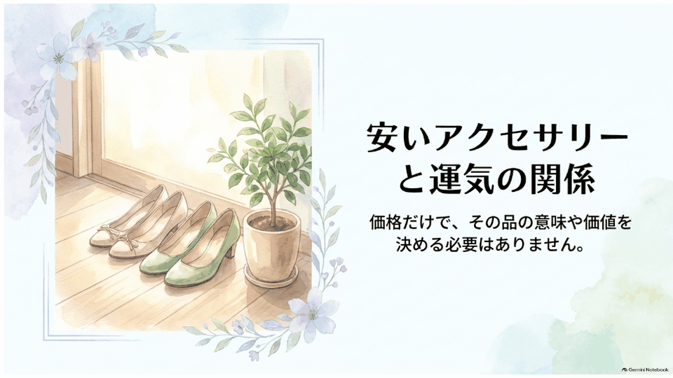 靴と観葉植物を背景に、安いアクセサリーと運気の関係を説明する場面