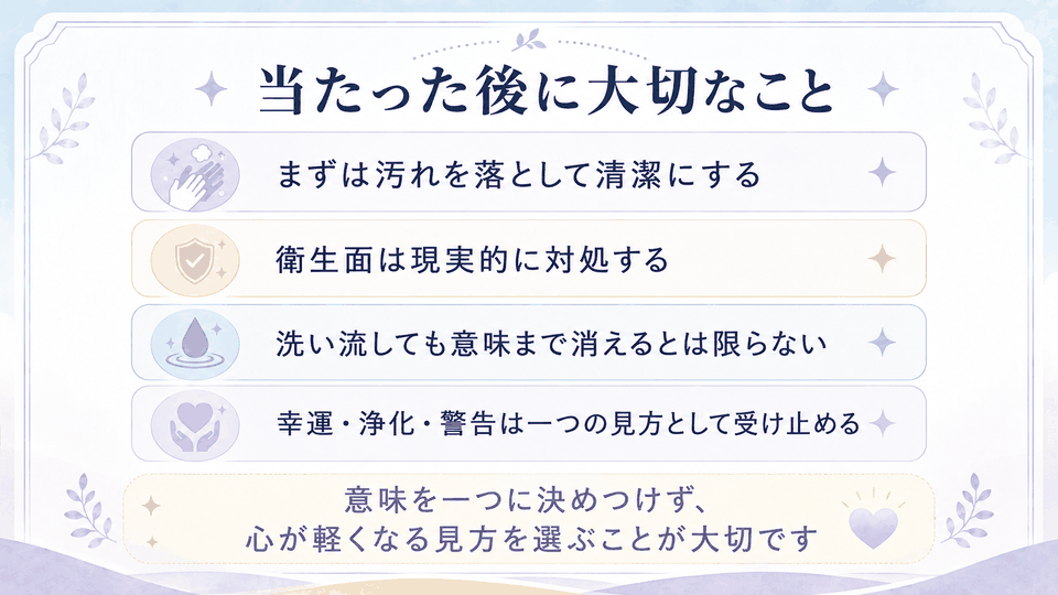 鳥のフンが当たった後は汚れを落として清潔にし、衛生面を現実的に対処しながら、幸運・浄化・警告を一つの見方として受け止めることを示した内容