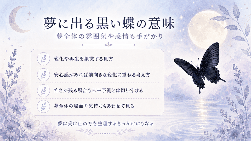 月夜の黒い蝶とともに、夢の雰囲気や感情、変化や再生の象徴、未来予測と分ける考え方を整理した内容