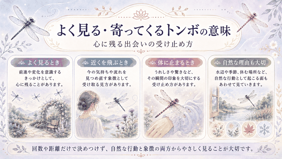 トンボをよく見る、近くを飛ぶ、体に止まる場面について、象徴的な見方と自然な理由をまとめた図解
