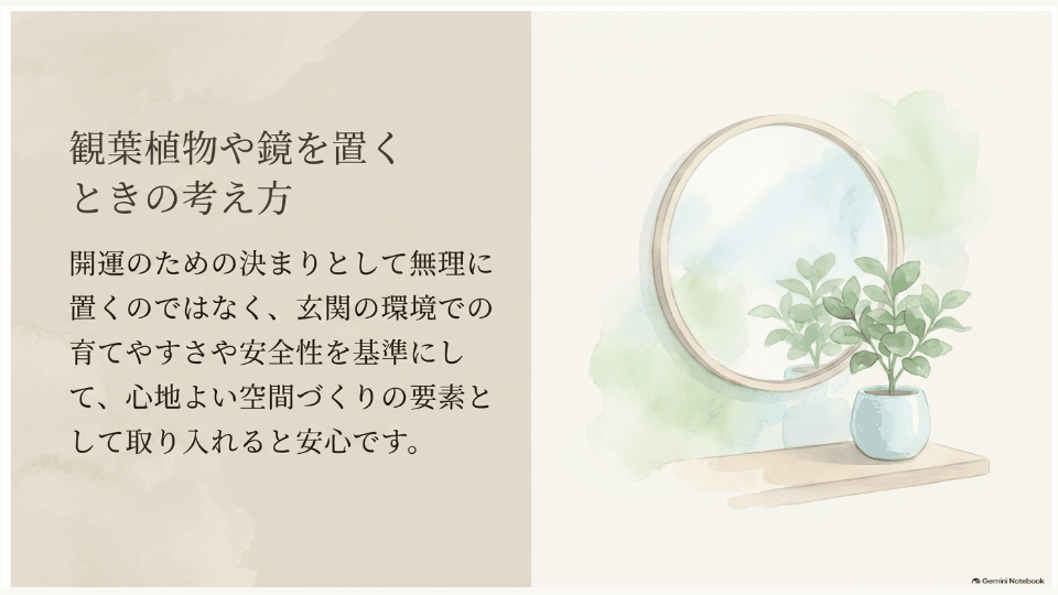 観葉植物や鏡を玄関に置くときの考え方を示す玄関