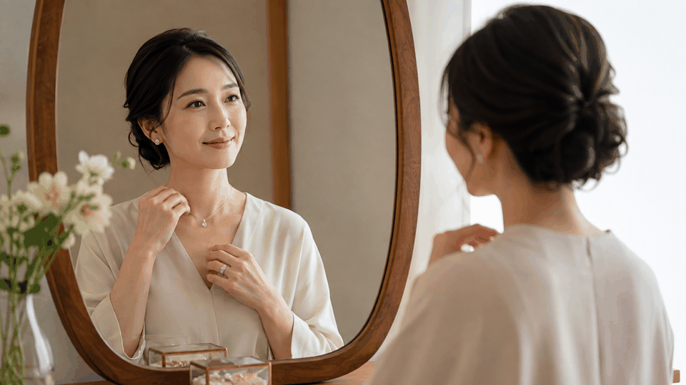 鏡の前でダイヤモンドのネックレスと指輪を身につける日本人女性