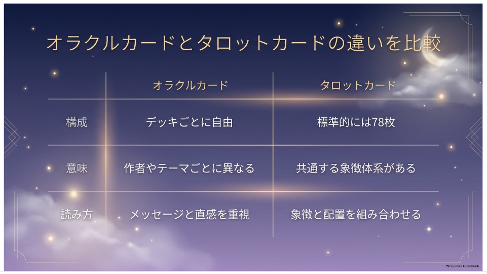 オラクルカードとタロットカードの構成・意味・読み方の比較
